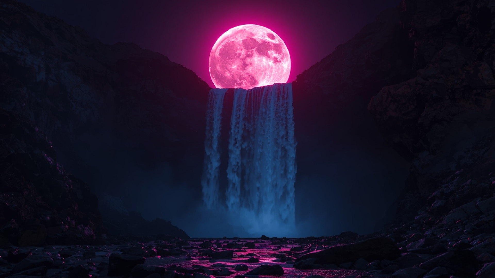  Pink glowing moon with waterfall